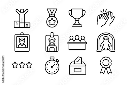 Costume Contest Icons. Outline icon set of costume contest: podium, star badge, trophy, applause icon, photo