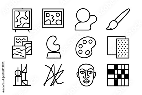 Maximalist Art Icons. Outline icon set of maximalist art expression: vibrant canvas, mixed media, abstract