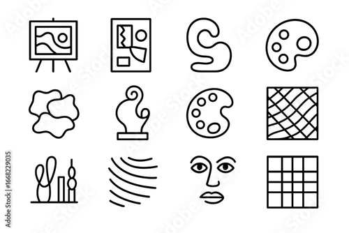 Maximalist Art Icons. Outline icon set of maximalist art expression: vibrant canvas, mixed media, abstract