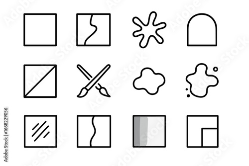 Abstract Icon Collection. Outline icon set of abstract painting elements: color block, line overlay, paint