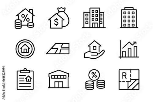 Real Estate Icons. Outline icon set of real estate investment: rental yield, real estate fund, office building