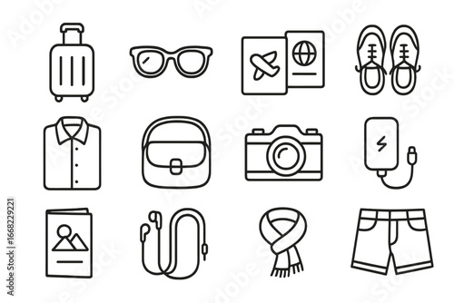 Fashionable Travel Essentials. Outline icon set of fashionable travel flat lay: suitcase, sunglasses, passport
