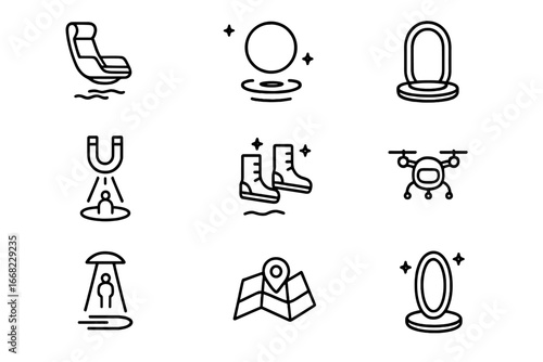 Advanced Mobility Icons. Outline icon set of advanced mobility concepts: floating chair, anti-gravity sphere,