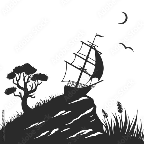 Ancient shipwreck on reef silhouette