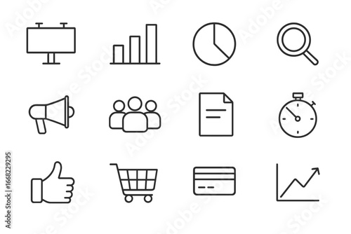 Advertising Icon Set. Outline icon set of advertising audience measurement: billboard, bar chart, pie chart,
