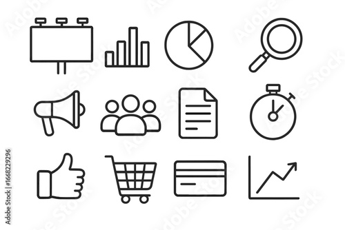 Advertising Icon Set. Outline icon set of advertising audience measurement: billboard, bar chart, pie chart,