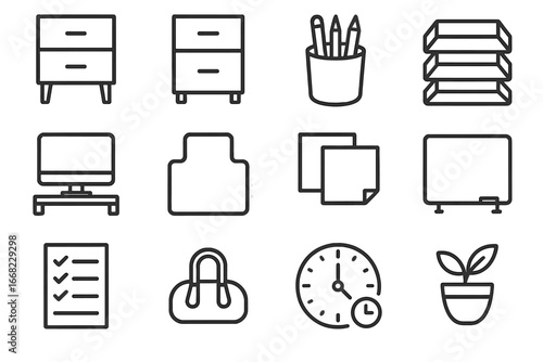 Home Office Icons. Outline icon set of home office organization: desk drawer, file cabinet, pen holder, paper