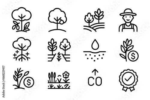 Agroforestry Icons Set. Outline icon set of agroforestry alternatives: shade coffee, fruit tree, contour
