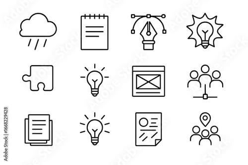 Creative Icon Grid. Outline icon set of creative idea generation: brainstorming cloud, sketchpad, pen tool,