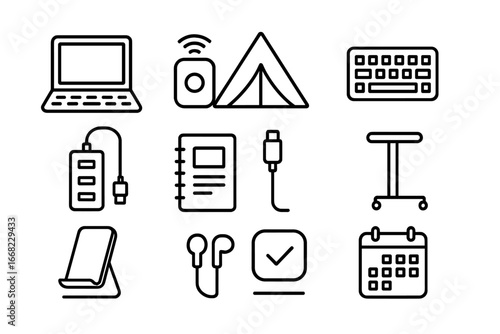 Digital Nomad Icons. Outline icon set of digital nomad life: laptop, hotspot device, coworking tent, keyboard,