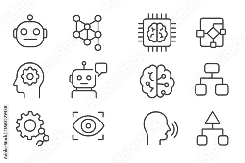 AI Icon Set. Outline icon set of artificial intelligence: robot head, neural network, brain chip, AI algorithm