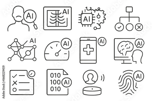 AI Diagnostic Icons Grid. Outline vector icons of AI-powered diagnostics: symptom scanner, X-ray analysis,