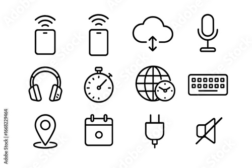 Remote Work Icons. Outline icon set of remote work and travel: mobile Wi-Fi, phone hotspot, cloud storage,