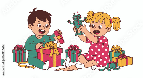 Joyful Kids Opening Presents A Celebration of Childhood