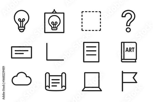 Conceptual Art Icons. Outline icon set of Conceptual Art: light bulb icon, framed idea, invisible box,