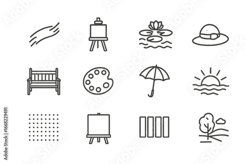 Impressionism Icon Set. Outline icon set of Impressionism: light brushstroke, plein air easel, lily pond, sun