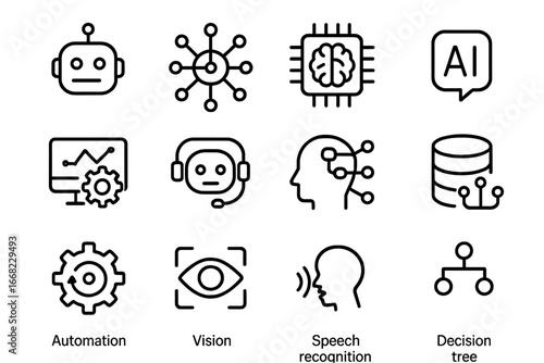 AI Icon Set. Outline icon set of artificial intelligence: robot head, neural network, brain chip, AI algorithm