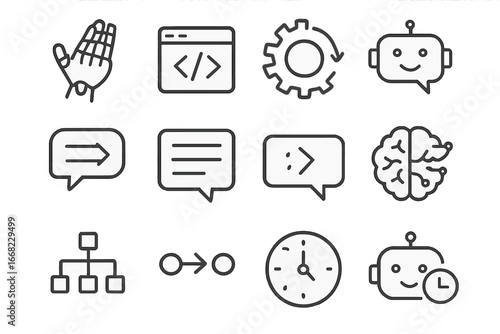 AI Tools Icon Set. Outline icon set of automation and AI tools: robot hand, script editor, automation gear,