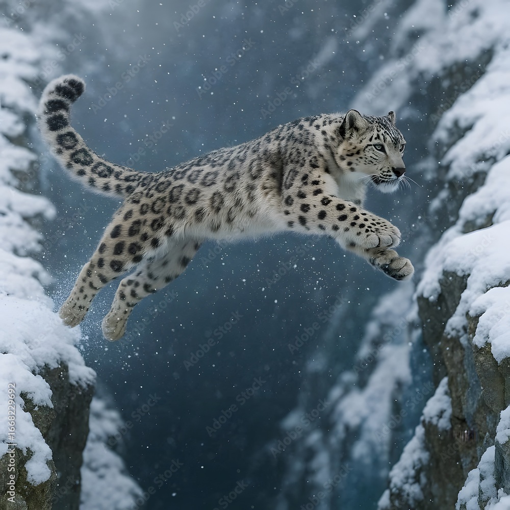 Fototapeta premium A snow leopard leaping across a deep icy ravine