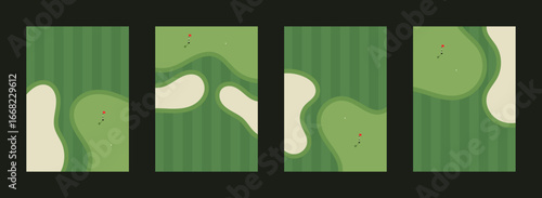 Golf course illustrations. Set of flat style vector illustration of golf course with bunkers, putting green and flag. Golf course illustration for golfing poster, landing page, web banner.