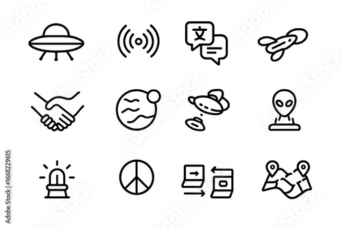 Alien Contact Icons. Outline icon set of alien contact during travel: alien craft, signal waves, universal