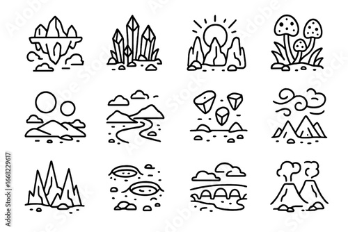Alien Planet Icons. Outline icon set of alien planet landscapes: floating mountains, crystal spires, glowing