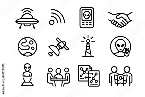 Alien Contact Icons. Outline icon set of alien contact during travel: alien craft, signal waves, universal
