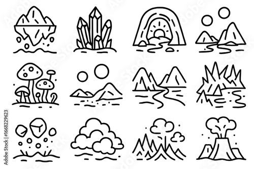 Alien Planet Icons. Outline icon set of alien planet landscapes: floating mountains, crystal spires, glowing