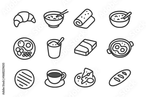 International Breakfast Icons. Outline icon set of international breakfasts: croissant, miso soup, dosa,