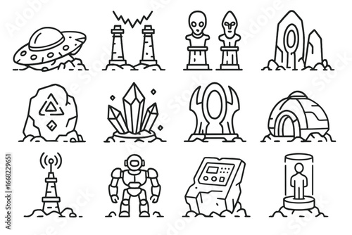 Alien Technology Icons. Outline icon set of alien technology ruins: crashed spacecraft, energy towers, ancient