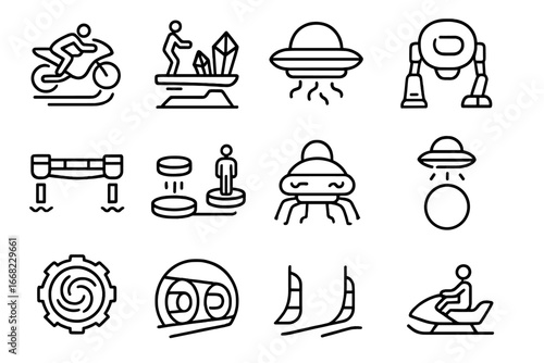 Alien Transport Icons. Outline icon set of alien transportation: hover bikes, crystal gliders, energy ships,