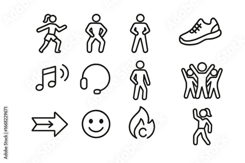 Zumba Icon Set. Outline icon set of Zumba training: salsa step, hip shake, reggaeton move, zumba shoe, beat