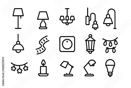 Ambient Lighting Icons. Outline icon set of living room ambiance lighting: floor lamp, table lamp, chandelier,