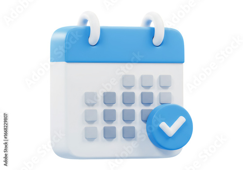 3Dレンダリングされた青と白のカレンダーアイコン チェックマーク付きの透明背景