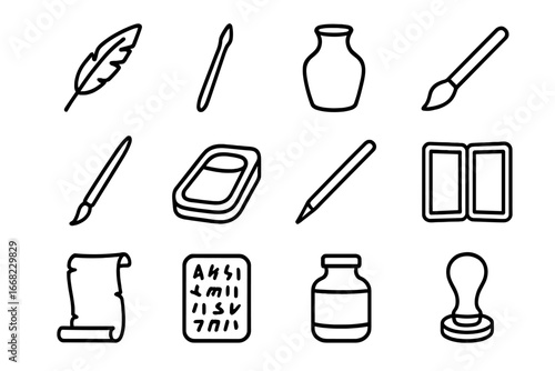 Ancient Writing Tools Icons. Outline icon set of ancient writing instruments: quill pen, reed pen, ink horn,