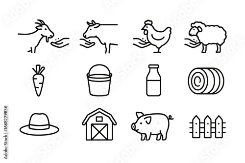 Animal Feeding Icons. Outline icon set of animal feeding activities: goat, cow, chicken, sheep, carrot, bucket