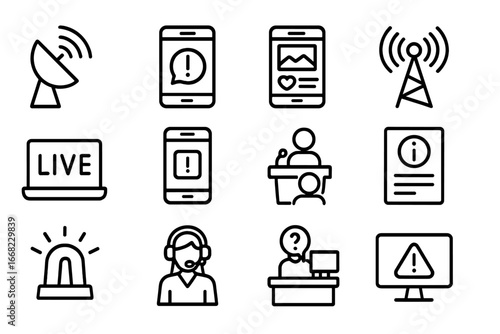 Crisis Communication Icons. Outline icon set of crisis communication tools: satellite dish, text alert, social