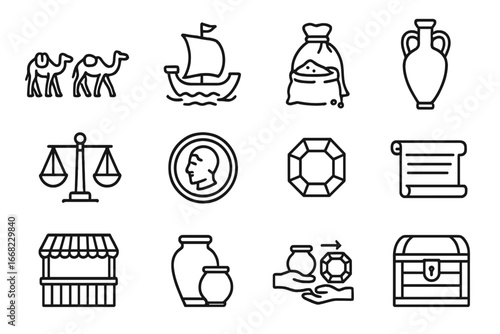Ancient Trade Icons. Outline icon set of ancient trade systems: camel caravan, sailing ship, spice sack,