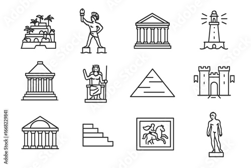 Ancient World Icons. Outline icon set of architectural wonders of the ancient world: Hanging Gardens, Colossus