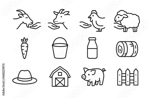 Animal Feeding Icons. Outline icon set of animal feeding activities: goat, cow, chicken, sheep, carrot, bucket