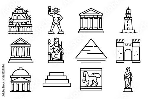 Ancient World Icons. Outline icon set of architectural wonders of the ancient world: Hanging Gardens, Colossus