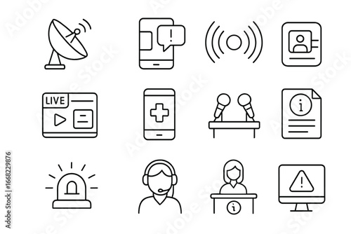 Crisis Communication Icons. Outline icon set of crisis communication tools: satellite dish, text alert, social