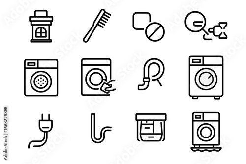 Washing Machine Icon Set. Outline icon set of washing machine maintenance: drain filter, cleaning brush,