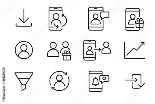 App Acquisition Icons. Outline icon set of app user acquisition: download arrow, app onboarding, welcome