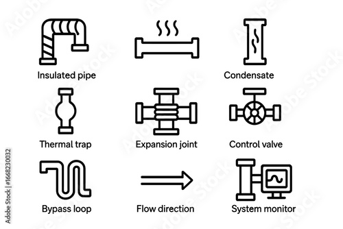 Thermal Piping Icons Grid. Outline icon set of thermal piping systems: insulated pipe, steam line, condensate