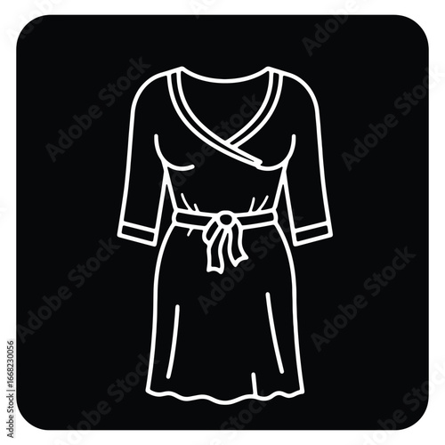 Elegant Wrap Dress Illustration for Fashion Design and Boutique Promotion Minimalist White Line Art on Black Background Clothing Item Icon