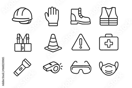 Safety Icon Set. Outline icon set of safety during moving: helmet, gloves, safety boots, reflective vest, back