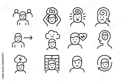 Anxiety Disorder Icons. Outline icon set of trauma-related anxiety disorders: social phobia, GAD icon, panic