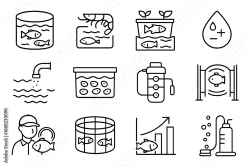 Aquaculture Icon Set. Outline icon set of seafood farming (aquaculture): fish tank, shrimp pond, aquaponics