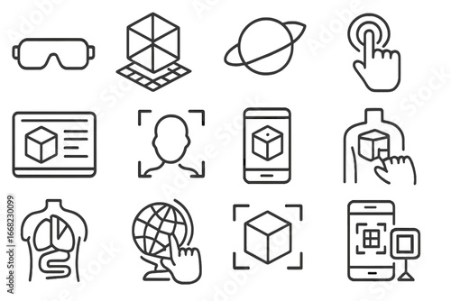 AR Education Icon Set. Outline icon set of AR in education: AR glasses, 3D model, planet icon, virtual button,